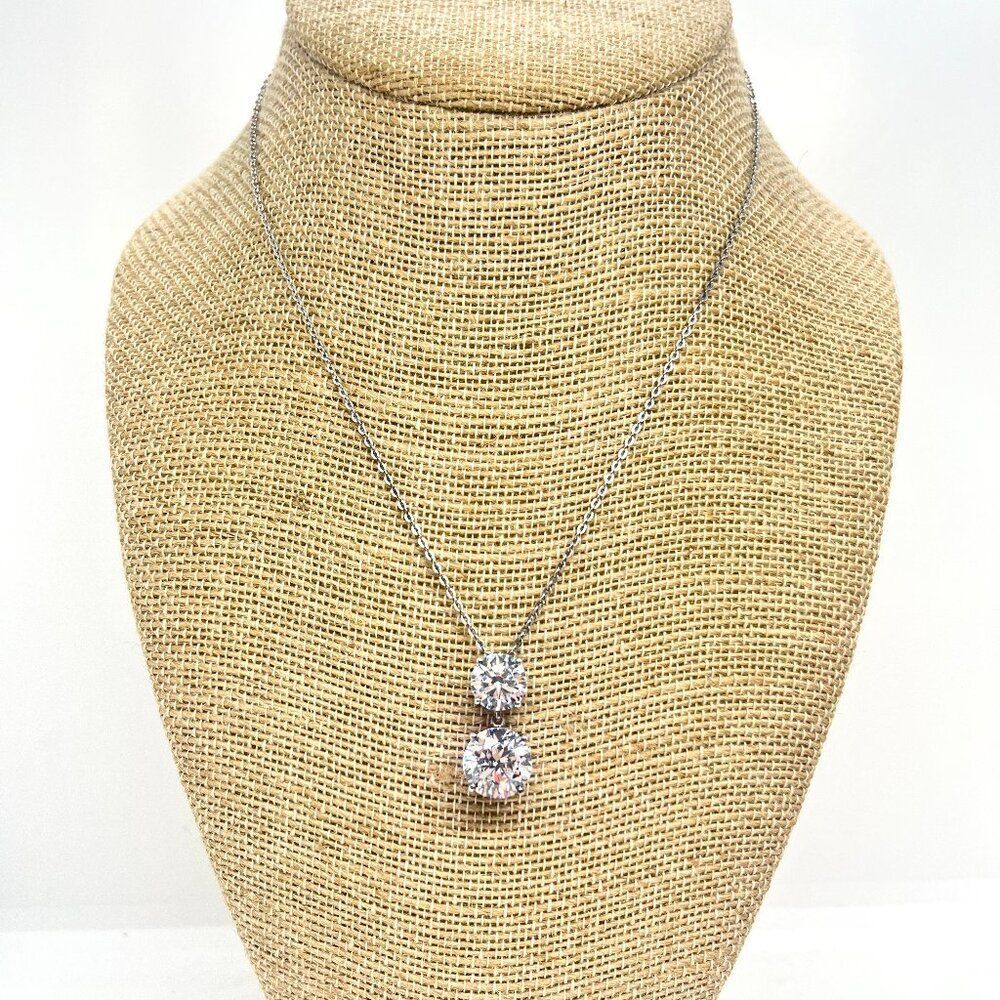 THAILAND CZ 925 STERLING SILVER DOUBLE SOLITAIRE NECKLACE DROP PENDANT DAINTY